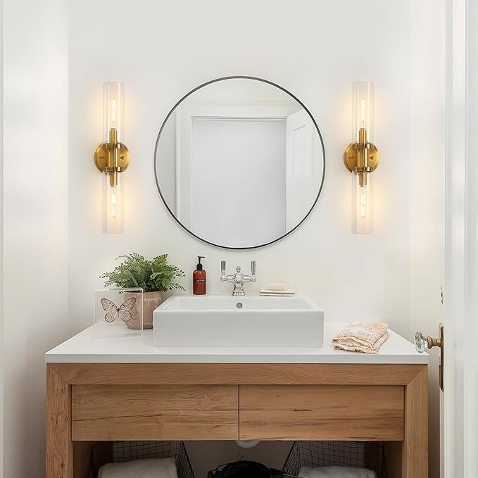 Wall Sconces Set of Two Brushed Brass Gold Sconces Lighting with Clear Glass Wall Lamp Modern Wall Sconce Light Fixtures Sconces Decor Set of scones Lights Set of 2