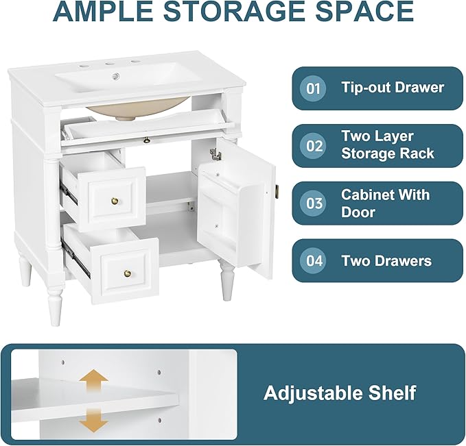 Harper & Bright Designs 30" Bathroom Vanity with Sink, Free Standing Bathroom Vanity Set with Flip Drawer, 2 Drawers, and Adjustable Shelf, Wood Storage Cabinet with Ceramic Basin for Bathroom, White