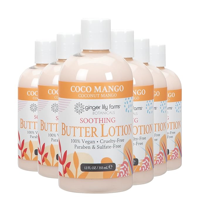 Ginger Lily Farms Botanicals Soothing Butter Lotion for Dry Skin, Coco Mango, 100% Vegan & Cruelty-Free, Coconut Mango Scent, 12 Fl Oz (Pack of 6)