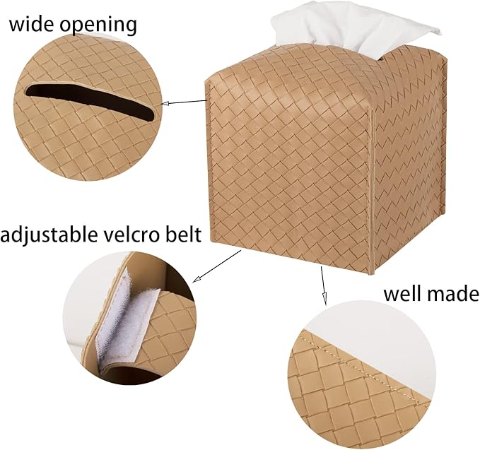 zoocatia Tissue Box Cover PU Leather Tissue Holder Square Facial Tissue Case Facial Paper Organizer Dispenser for Bathroom, Vanity Countertop, Tabletop, Car, Khaki