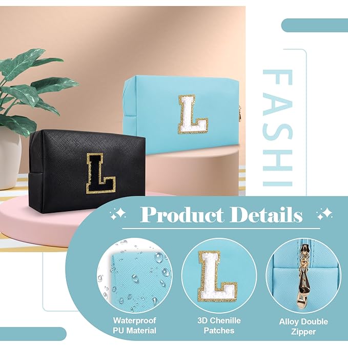 Small Personalized Initial A-Z Preppy Patch Makeup Bag,PU Chenille Letter Travel Cosmetic Pouch with Zipper,Blue Cute Toiletry Bag,Gift Ideal for Teen Girls Women Teacher Bridesmaid,Letter L