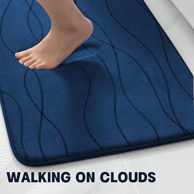YIHOUSE Memory Foam Blue Bathroom Rug Sets 2 Piece, Ultra Absorbent Bath Mat for Bathroom - Non-Slip Machine Washable & Dry Quickly, 2 Piece Bathroom Mat Set, Navy Blue