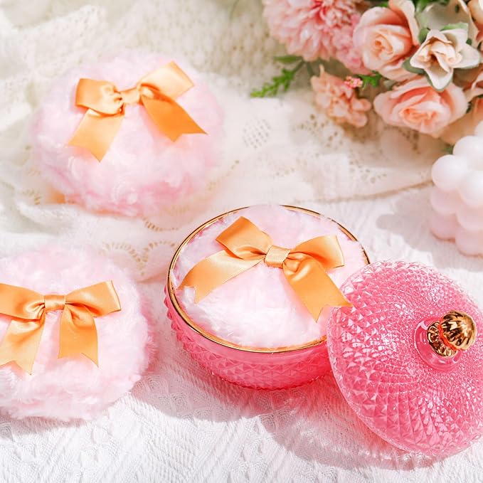4 Pcs Pink Large Body Powder Puff and Container for Body with Crystal Container Fluffy Soft Washable Face Glitter Powder Puff Puffs for Wet Dry
