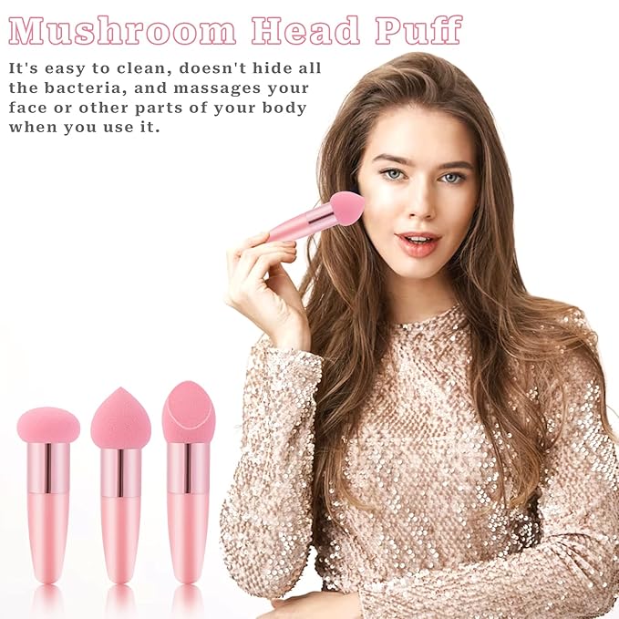 3Pcs Makeup Sponge Facial Foundation Sponge Professional Makeup Sponge with Handle Dry & Wet Use Makeup Sponges for Foundation