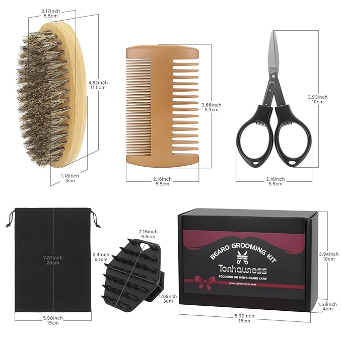 Beard Brush Beard Comb Set for Men, 5 in 1 Facial Hair Grooming Kit with Natural Boar Bristle Beard Brush, Wood Beard Comb, Silicone Soft Cleaning Brush and Mustache Scissors