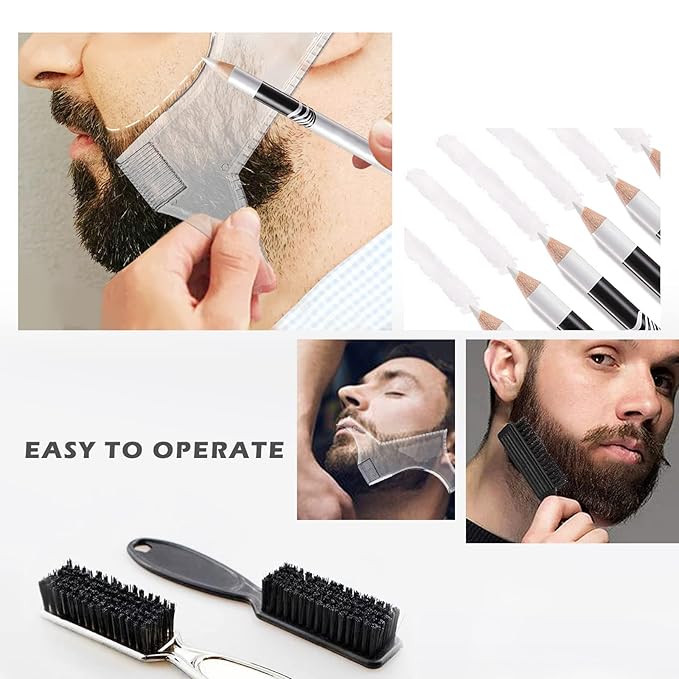 NewBang 8 Piece White Barber Pencil Set - Edge Hairline Razor Trace Pencils for Beard Guide and Shaping with Built-in Sharpener, Brush and Ruler