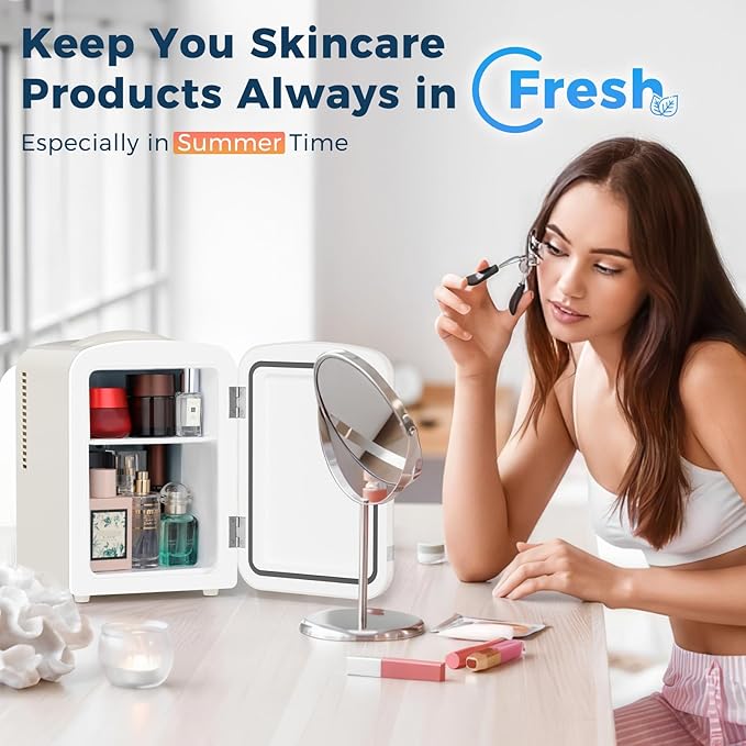 Antarctic Star 4L/6 Cans Compact Refrigerator,Portable Mini Fridge Skin Care,Cooler and Warmer for Bedroom,Car,Office & Dorm, Small Cooler for Cosmetics/Beverage/Food,WHITE
