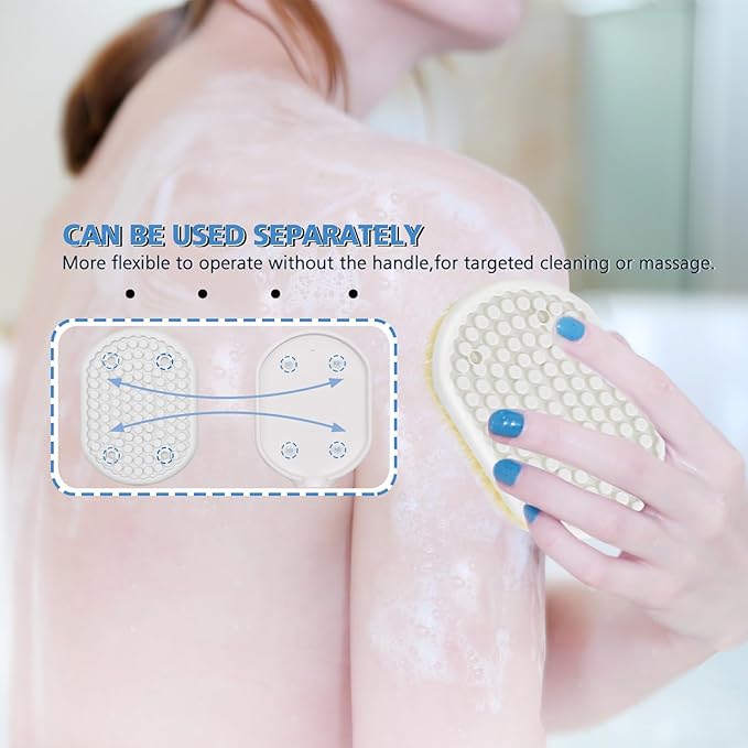 Portable Shower Brush,Long Curved Foldable Handle with Soft and Stiff Bristles,Back Scrubber Bath Brush Removable Body Exfoliator for Wet or Dry Brushing