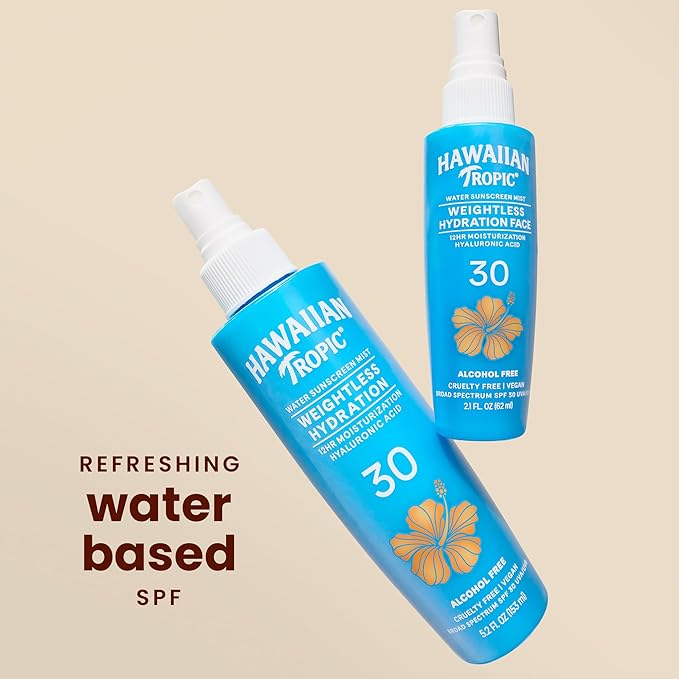 Hawaiian Tropic Weightless Hydration Water Mist for Face SPF 30, 2.1Fl Oz, Travel Size SPF Face Hydrating Spray, Non-Comedogenic Sunscreen Facial Mist, Non-Aerosol Sunscreen Spray, 2.1Fl Oz(Pack of 2)