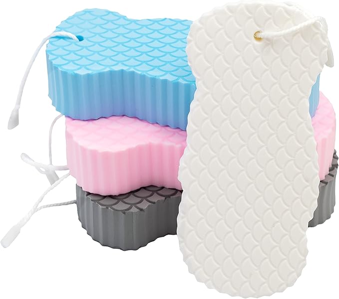 Exfoliating Sponges (4 pcs) - Super Soft Exfoliating Bath Shower Sponge - Removes Dead Skin and Impurities from Body - Great for Adults and Children - Pink & Blue & White & Gray