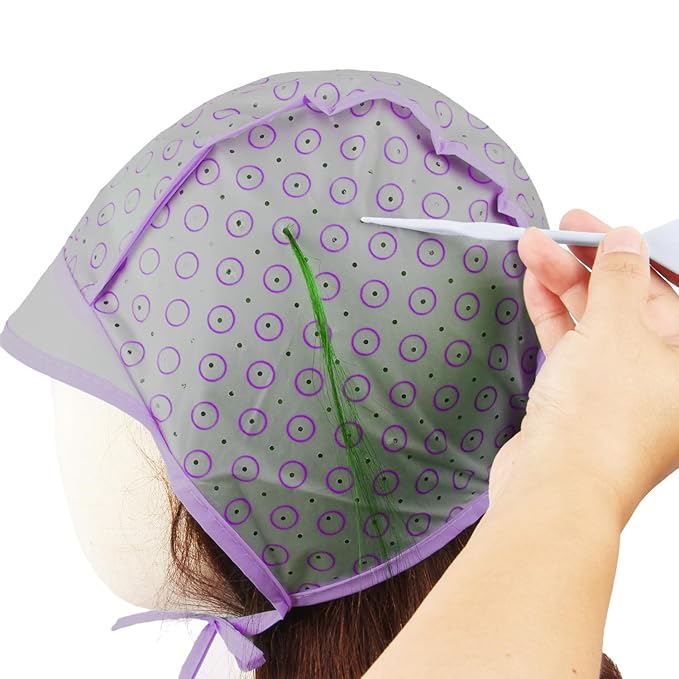 Hair Highlighting Cap, Purple Hair Coloring Frosting Dye Kit with Plastic Crochet Hook for Salon DIY Hair Dyeing Hairdressing