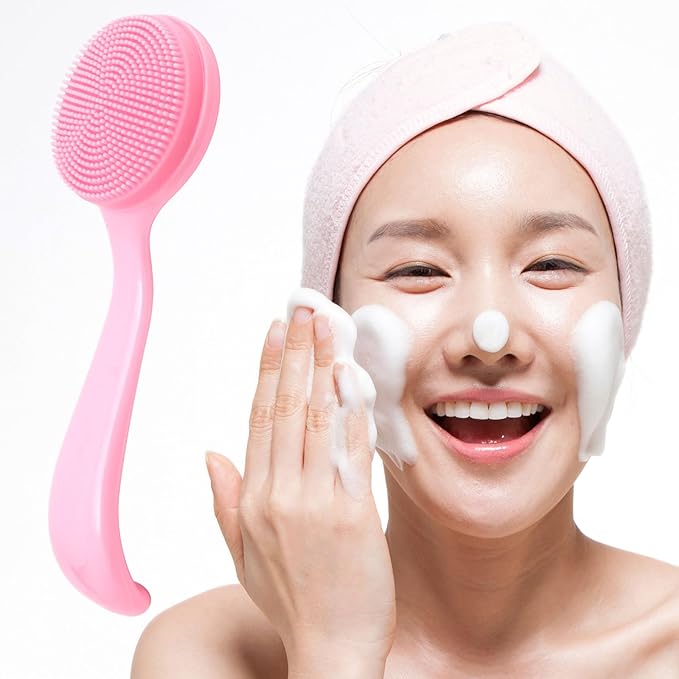 Silicone Manual Facial Cleansing Brush, Skin Friendly Waterproof Face Cleaning Scrubber Exfoliator Cleanser for Blackheads Whiteheads Makeup Residues Removal- Pink