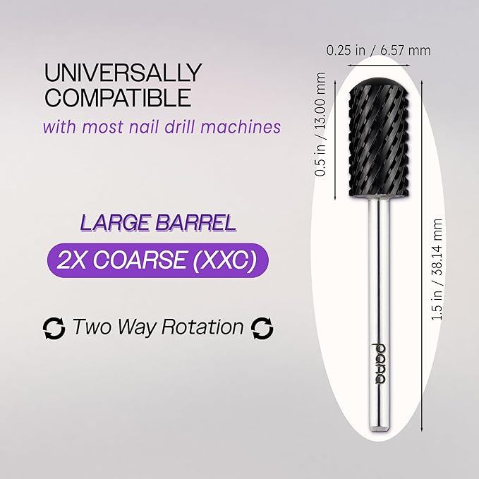 PANA 3/32" Smooth Round Top Safety Carbide Nail Drill Bit for Gel Polish & Acrylic Removal Nail Salon Manicure Pedicure Electric File Tools (Large Barrel - DLC Black, 2X Coarse)