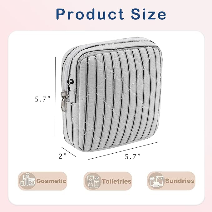 Small Quilted Striped Cosmetic Pouch for Purse, Mini Cotton Makeup Bag with Compartments, Cute Zipper Lipstick Holder for Women (24 Black Stripes)