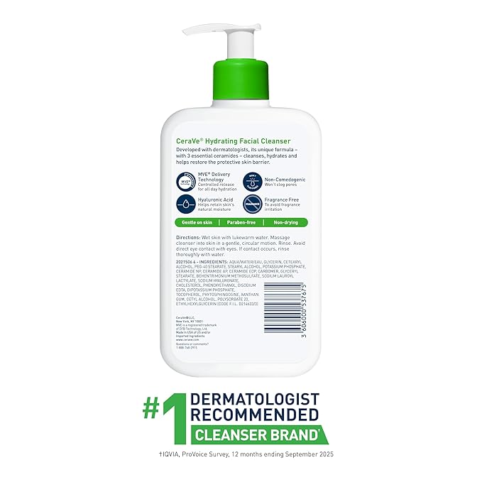 CeraVe Hydrating Facial Cleanser, Moisturizing Face Wash For Dry Skin, Hyaluronic Acid + Ceramides + Glycerin, Hydrating Cleanser For Normal To Dry Skin, National Eczema Association Certified