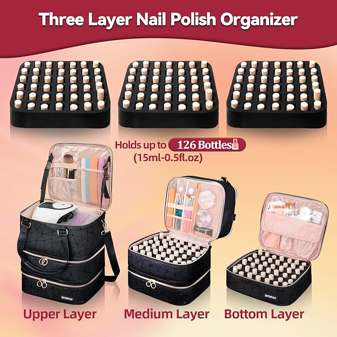 Nail Polish Organizer Bag Holds 126 Bottles (15ml/0.5fl.oz)& Nail Lamp, 3 Layers Detachable Nail Kit Storage Case PU Leather, Large Travel Nail Supplies Shoulder Bag for Manicure Tools (Black)