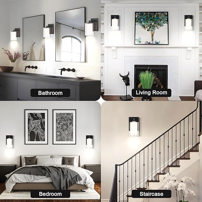 Wall Sconces Set of Two: Bathroom Sconce of 2, Black Vanity Fixtures with Double Clear Glass Shade, E26 Base Hardwired Farmhouse Wall lights for Bedroom Living Room Bathroom (Bulb not included)