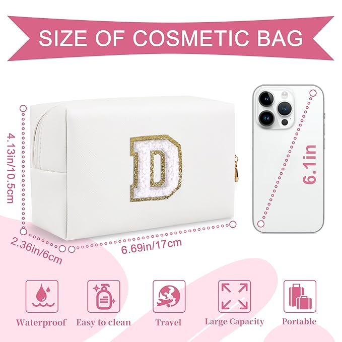 Small Personalized Initial A-Z Preppy Patch Makeup Bag,White PU Chenille Letter Travel Cosmetic Pouch with Zipper,Cute Toiletry Bag,Gift Ideal for Teen Girls Women Teacher Bridesmaid,Letter D