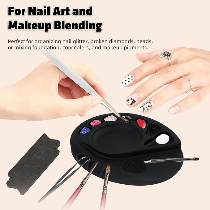 Makeup Mixing Palette, 5-in-1 Multifunction Upgraded Silicone Mixing Tray with Spatula Artist Tool for Nail-Art, Eye Shadow, Lipstick, Eyelash Makeup Foundation Mixing Palette 5.7x4.8 Inches Black