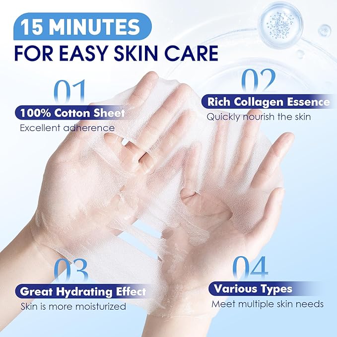 9 Pack Hydrating Face Masks Skincare, Bulk Sheet Face Mask for Dry Skin, Collagen Facial Masks Spa Gifts for Women Skin Care, Easter Basket Stuffers, Mothers Day Gifts for Mom, Teacher and Nurse Gifts