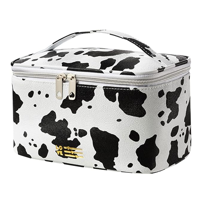 Meiyuuo Makeup Bag Large Cosmetic Bags for Women Girls Cute Travel Zipper Pouch Toiletry Organizer for Beauty Essentials Waterproof (Cow Print)