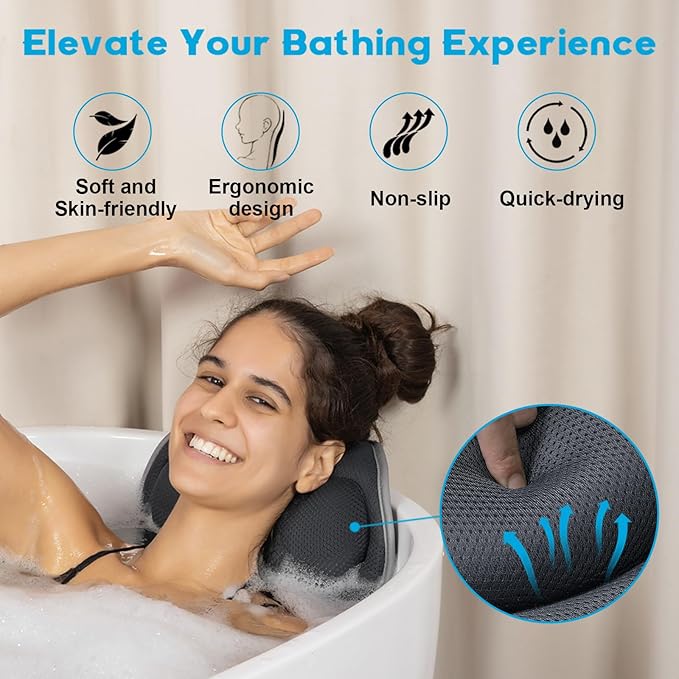 Bath Pillows for Tub Neck and Back Support - Upgraded Non-Slip Rubber Backing & 6 Suction Cups, 4D Air Mesh Spa Bathtub Cushion for Head Rest, Machine Washable with Laundry Bag & Hook (Gray)