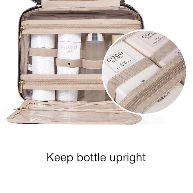 BAGSMART Toiletry Bag Travel Bag with Hanging Hook, Water-resistant Makeup Cosmetic Bag Travel Organizer for Accessories, Shampoo, Full-size Container, Toiletries (Khaki Checkerboard, Large)