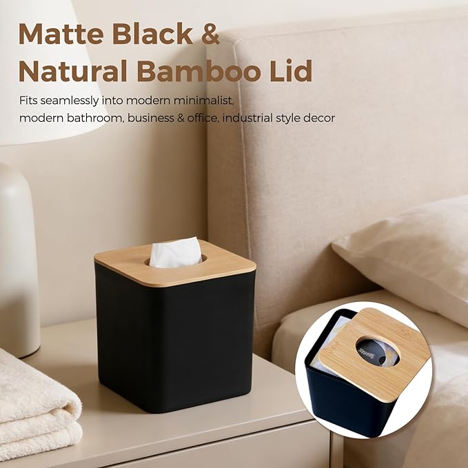Black Tissue Box Cover, Square Tissue Box Holder with Bamboo Cover Plate, Cube Tissue Box Cover for Desk Accessories, Tissue Holders Decorative Square Tissue Box Tissue Holders for Bathrooms Bedrooms
