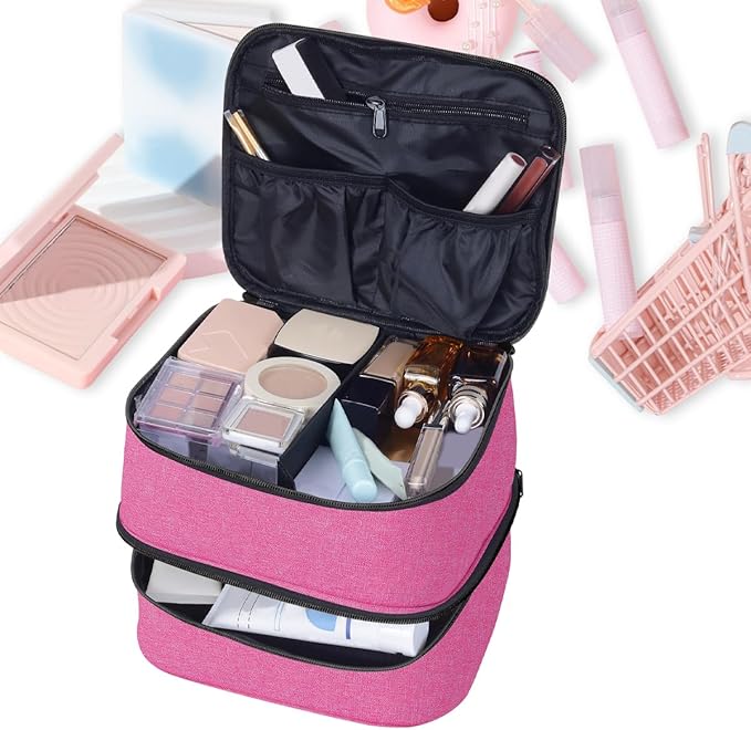 Double Layer Makeup Bag Portable Large Cosmetic Case Organizer with Adjustable Dividers Storage Travel Bag for Accessories Brushes Conditioner and Skin Care Products (Wine)
