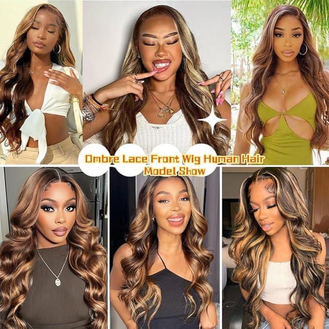 Sunelk 13x6 Lace Front Wigs Human Hair 200 Density Honey Blonde Ombre Highlight Body Wave Lace Front Wigs Human Hair Pre Plucked HD Lace Frontal Glueless Wig for Women 4/27 Colored 22 Inch