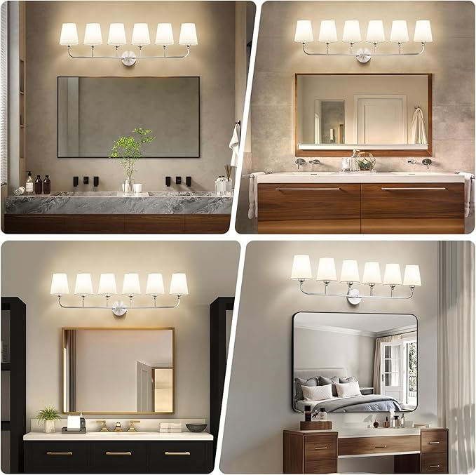 Bathroom Vanity Light, Brushed Nickel Bathroom Light Fixtures, 6-Light Lighting Fixtures Over Mirror, Modern Wall Sconce with Flared White Fabric Shade, E26 Socket(ETL Listed)