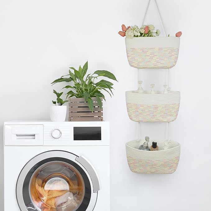 TeoKJ 3-Tier Woven Cotton Wall-Mounted Hanging Storage Baskets, Over the Door Organizer Bin for Kids Room, Bathroom, Bedroom, Kitchen, White & Rainbow Stitching
