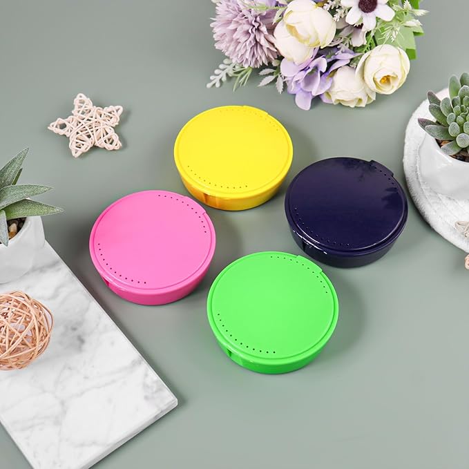 Plastic Cotton Round Holder with Mirror 4 Pack Cosmetic Cotton Pad Holder Portable Travel and Sealed Suitable for Makeup Remover, Beads, Jewelry, Crafts (4 Colors (Blue, Pink, Green, Yellow))