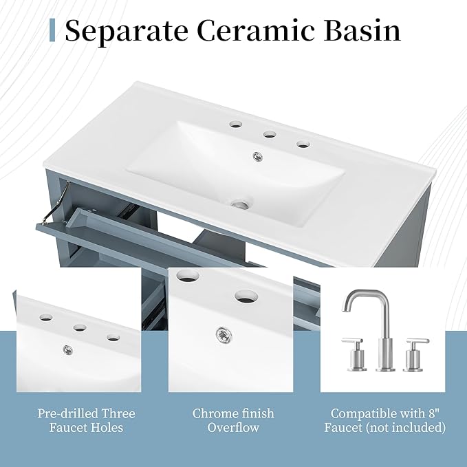 Harper & Bright Designs 36" Bathroom Vanity with Sink, Free Standing Vanity Set with 4 Drawers, Storage Racks, and Adjustable Shelf, Wood Bathroom Cabinet with Ceramic Basin for Bathroom, Blue Grey