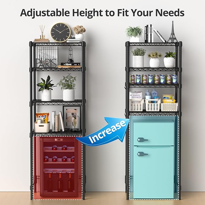 4-Tier Mini Fridge Shelf, Heavy Duty Adjustable Storage Shelf, Ultimate Organizer Rack for Mini Fridge, Microwave & Appliances, Maximizes Space Saver in Dorm, Kitchen, Office & Garage, Black