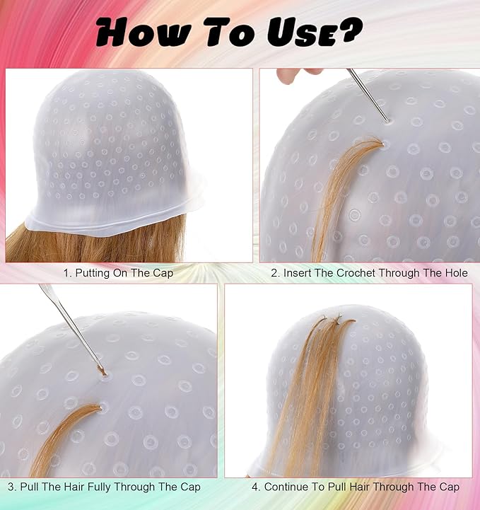 Frosting Caps for Highlighting Hair, Highlight Caps for Hair Pre-Punched with Holes Silicone, Reusable Highlighting Cap with Hook for Salon & Home Hairs Coloring, Women & Men