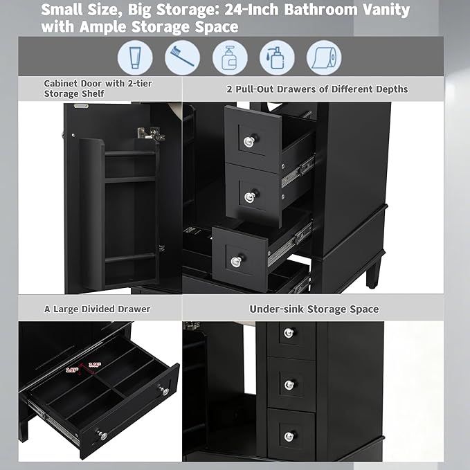 Bellemave 24" Bathroom Vanity with Sink Combo Set, Solid Wood Frame Bathroom Storage Cabinet with 3 Drawers, Soft Closing Cabinet Door with Organizer, Black