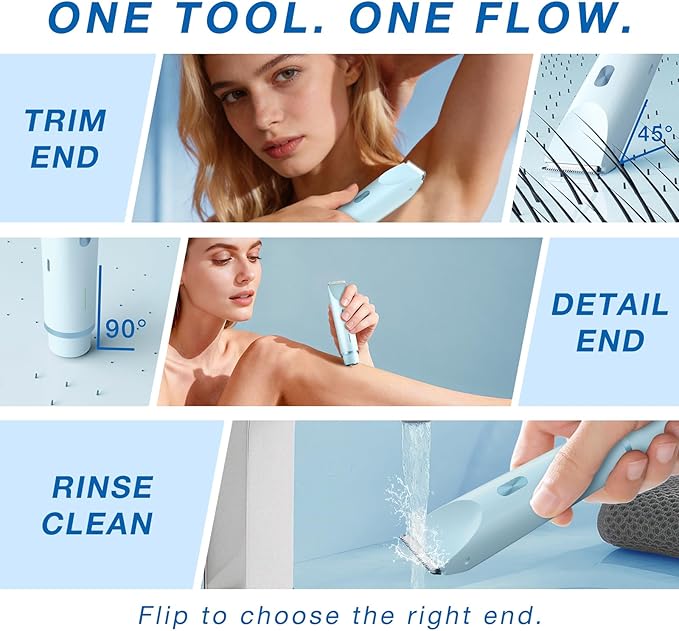 Bikini Trimmer for Women, Dual-Ended Electric Razor Personal Shaver for Bikini Line & Pubic Hair, Waterproof USB-C Rechargeable Body & Face Trimmer for Underarms & Legs (Sky Blue)