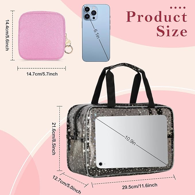 Clear Makeup Bags, Clear Travel Toiletry Bag with Extra Small Glitter Cosmetic Bag, Waterproof Essential Organizer Pouch for Sports Travel Beach (Stars-Black)