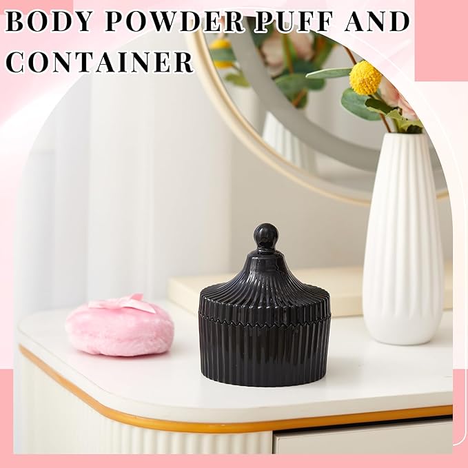 Tioncy 3 Pcs Large Body Powder Puff and Container Valentine's Day gift Powder Container with Puff Crystal Case Soft Washable Reusable Velour Face Body Glitter Wet Dry Makeup(Classic,Black)