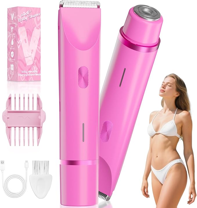 Bikini Trimmer for Women, Dual-Ended Electric Razor Personal Shaver for Bikini Line & Pubic Hair, Waterproof USB-C Rechargeable Body & Face Trimmer for Underarms & Legs (Hot Pink)