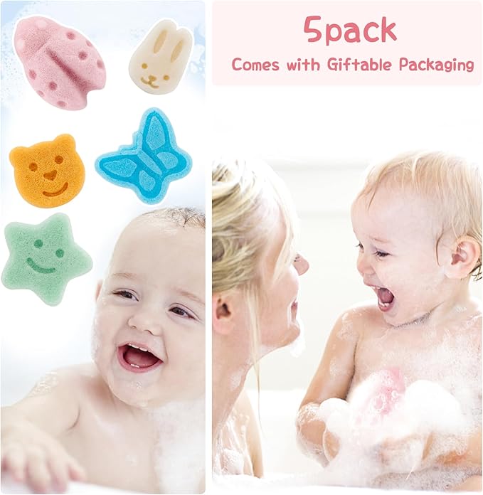 Konjac Baby Sponge Set for Bathing - Natural Soft Bath Sponges for Infants Newborns Toddlers with Cute Cartoon Shapes Safe Organic Kids Baby Bath Loofahs Ideal for Toddler Bath Time (5pcs)
