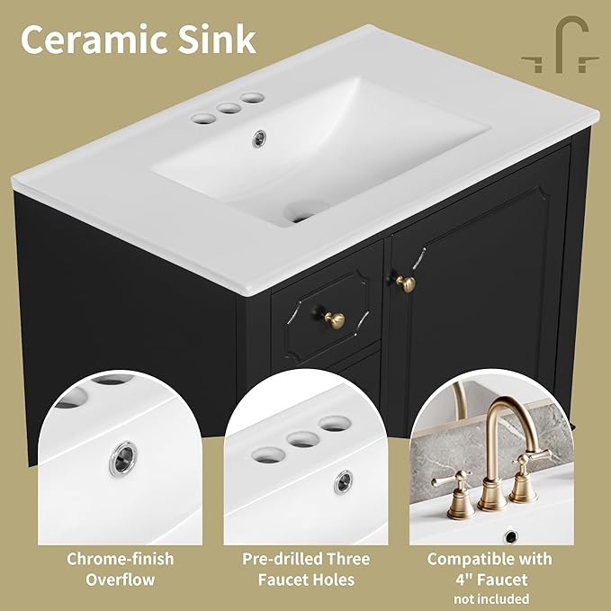 30" Bathroom Vanity with Sink, Harper & Bright Designs Free Standing Single Vanity Set with 3 Drawers and One Door with Storage Racks, Solid Wood Storage Cabinet with Ceramic Basin for Bathroom, Black