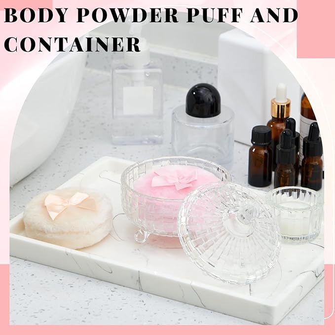 Tioncy 3 Pcs Large Body Powder Puff and Container Valentine's Day gift Powder Container with Puff Crystal Case Soft Washable Reusable Velour Face Body Glitter Wet Dry Makeup(Weave Design,Clear)
