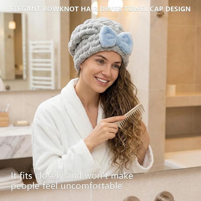 Microfiber Hair Towel 4-Pack, Fast Drying Hair Turban with Bow for Women - Soft Absorbent Hair Wraps, Shower Cap, Gray Pink Blue White