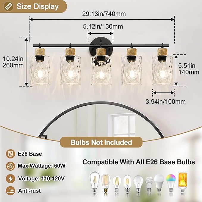 Bathroom Light Fixtures, 5-Light Coastal Vanity Lights with Crystal Glass Shade, Black Bathroom Wall Lamp for Mirror Kitchen Hallway Cabinet