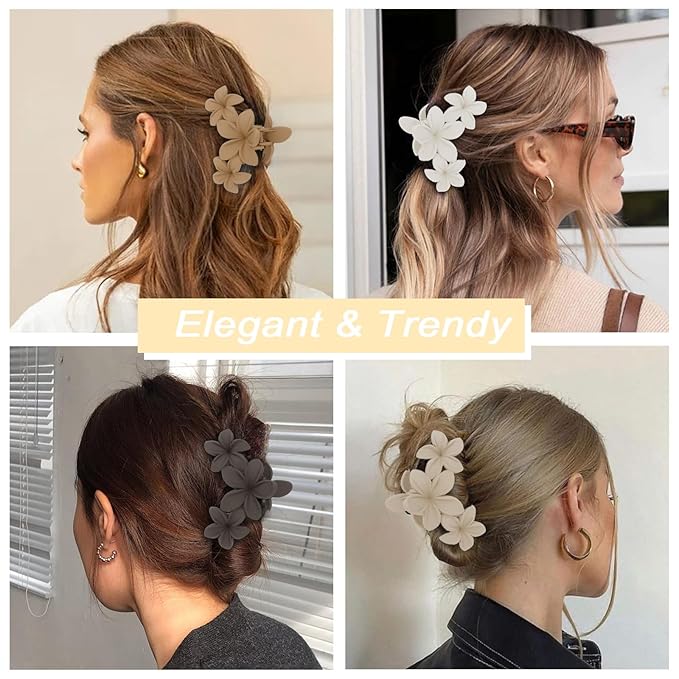 Women's Matte Flower Claw Clips - Non-slip, Cute Claws for Thick & Thin Hair, Neutral Colors, Strong Hold Hair Accessories
