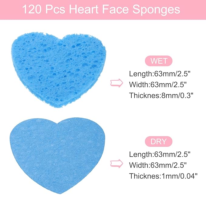 uxcell 120 Count Compressed Facial Sponges Heart-Shaped Face Cleansing Sponges Pads for Daily Skincare Routines at Home, Kitchen, Travel, Blue