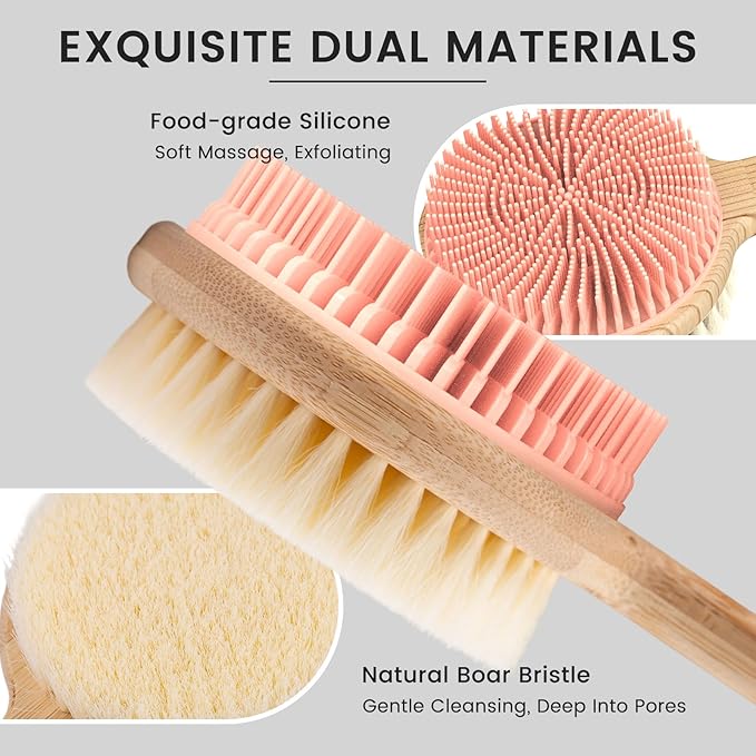 Back Scrubber for Shower - Double-Sided Silicone and Super-Dense Bristles for Deep Cleaning & Exfoliation, Bamboo Long Handle with Wider Anti-Slip Grip, Body Exfoliator for Wet or Dry Brushing