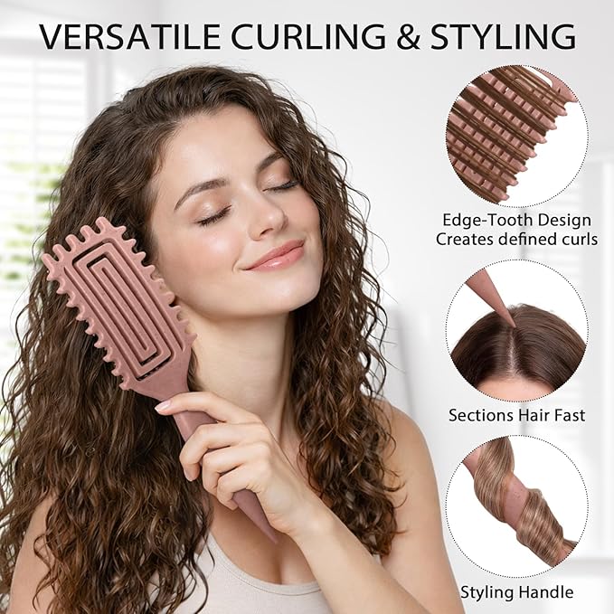Curl Defining Brush, Curly Hair Brush with Vented Design for Detangling and Shaping, Wet & Dry Use, Reduces Pulling for Women and Men (Pink Brown)